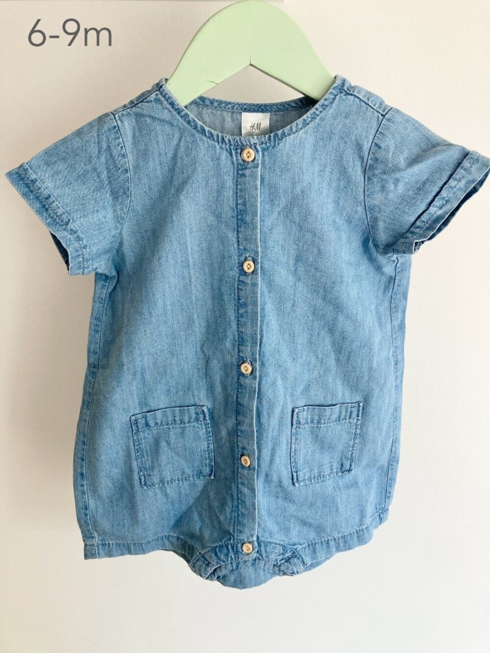 💙2/$25 H&M 6-9 Month NWT Baby Light Blue Denim Romper Short Sleeve Beach Summer